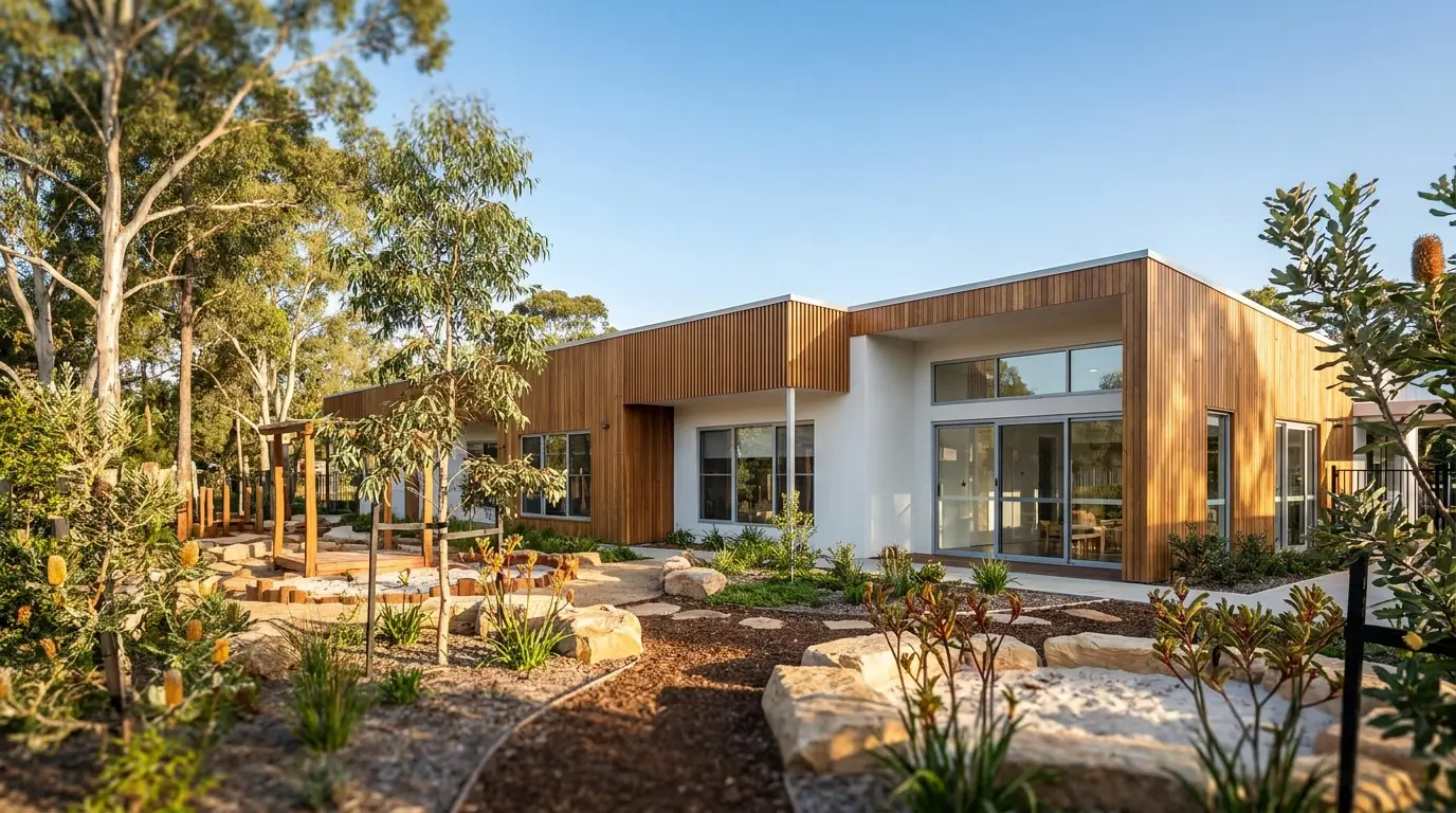 Modern Australian childcare centre building with landscaped play area in Queensland